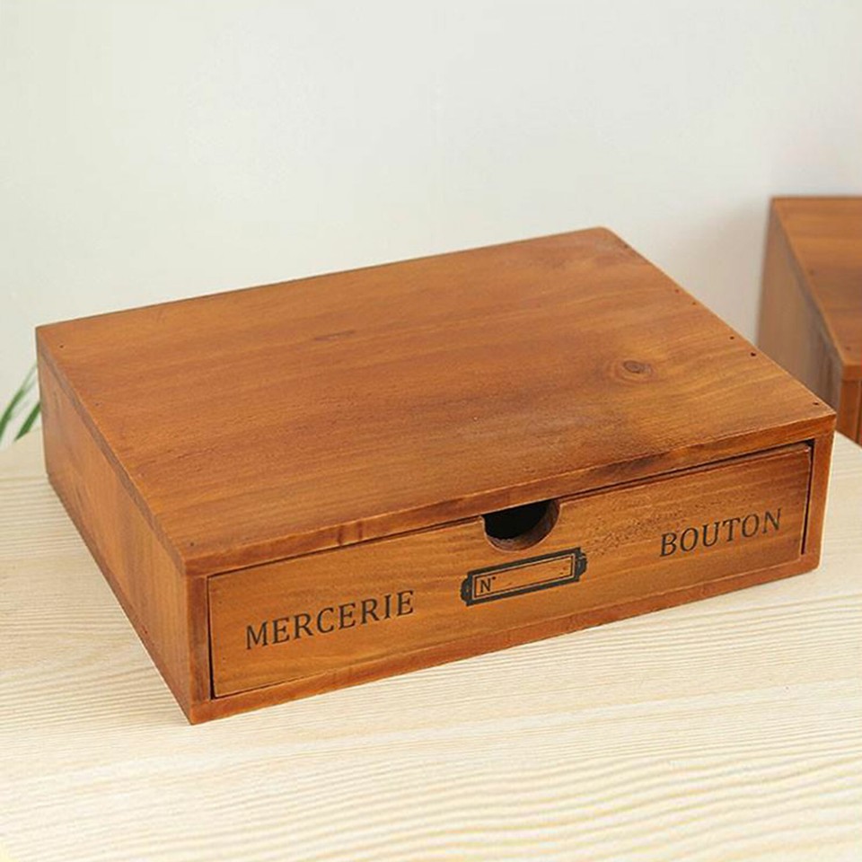 Vintage Wooden Desktop Storage Box Drawer Office Home Table Display