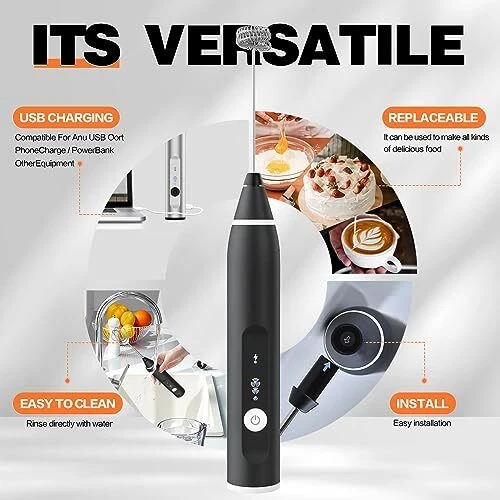 Milk Frother Rechargeable Handheld Electric Whisk Coffee Frother Mixer with 2...