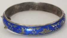 Siam Blue Sterling Silver Enamel Engraved Dancers Boat Split Bangle LH064