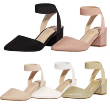 Women Low Chunky Heel Pointed Toe Elastic Ankle Strap Wedding Dress Pump Shoes