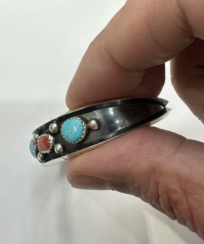 Navajo Native American Turquoise & Red Coral Handmade Bracelet By Reed Charley - Picture 13 of 13