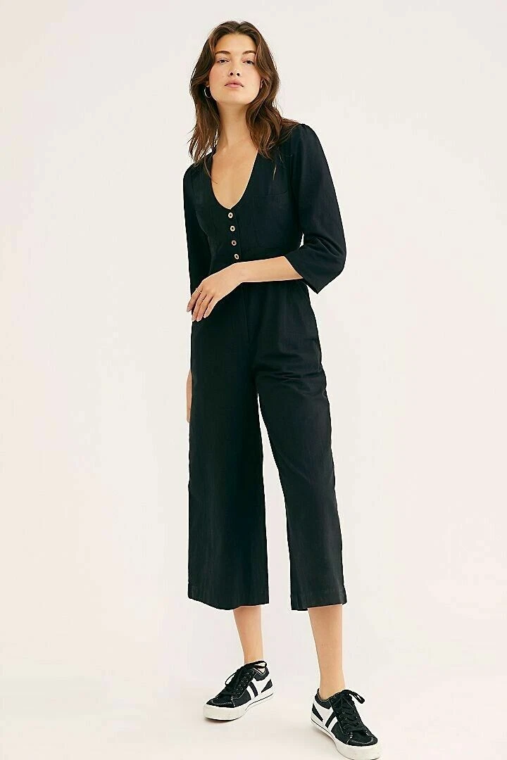 Free People Back Into It Jumpsuit Endless Summer Button Wide Leg Black Small S