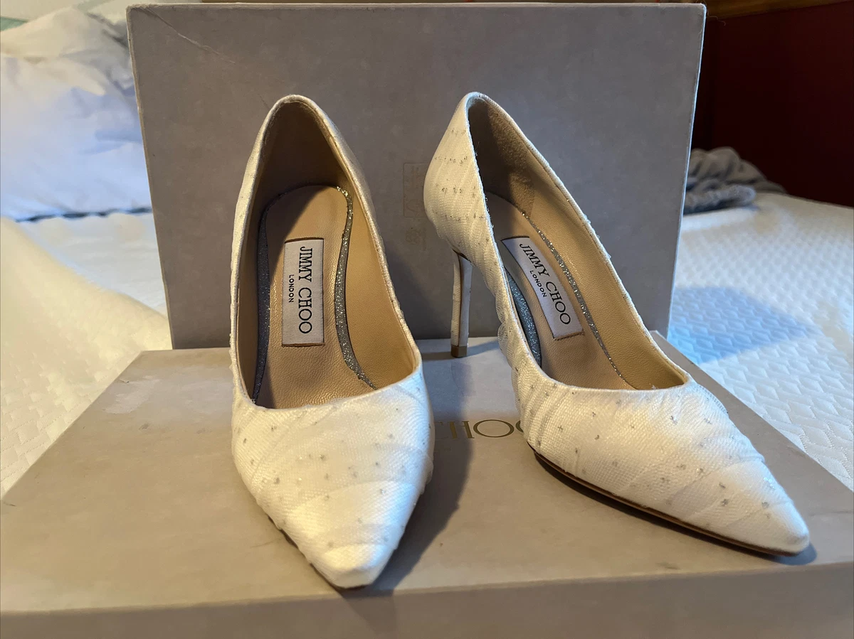 JIMMY CHOO Romy 85 white with glitter polka dots size 5.5 / 35.5