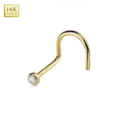 14K Solid Gold Nose Screw Ring with Bezel Set Clear 2mm CZ Jewel 18 or 20 Gauge