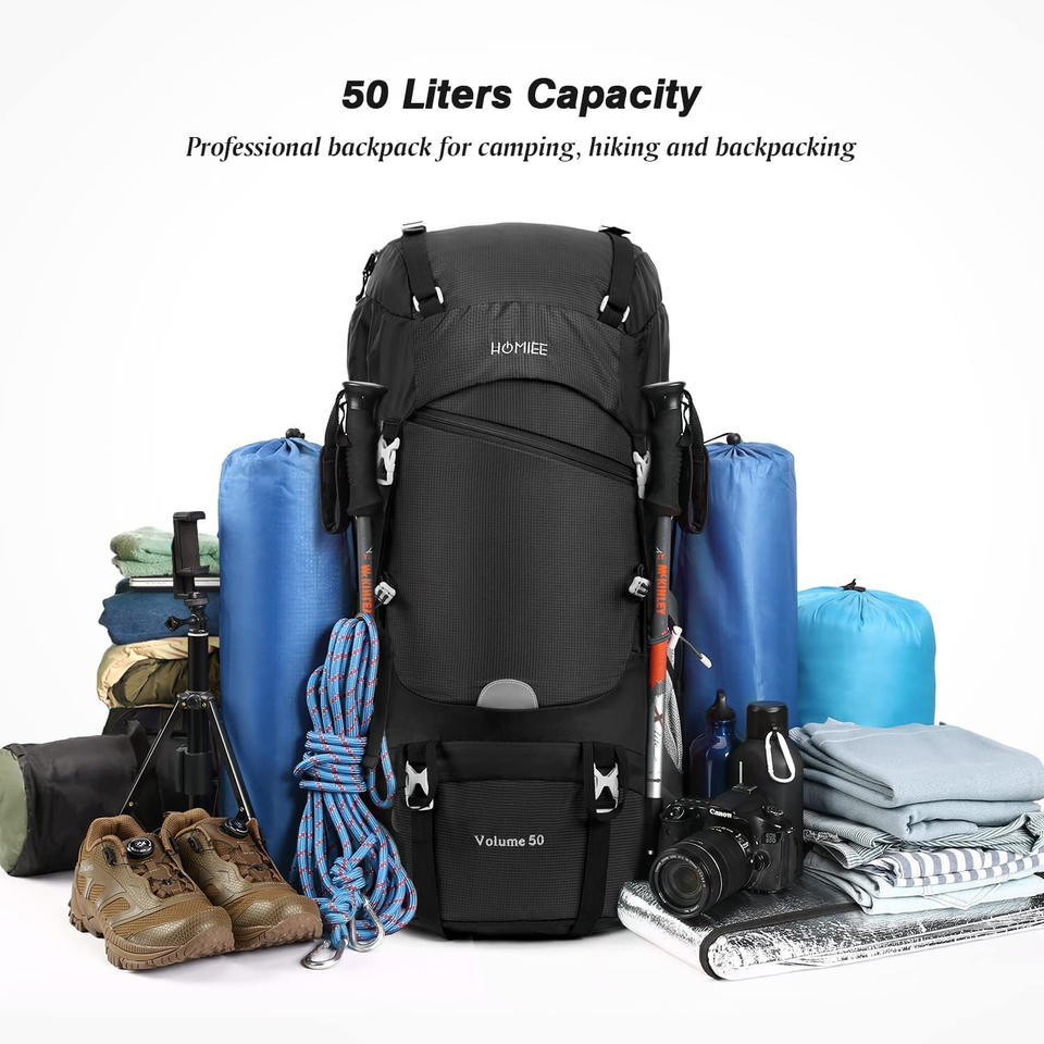 HOMIEE Hiking Backpack 50L Waterproof Trekking Rucksack Rain Cover