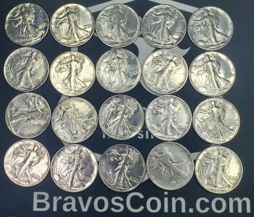 1 ROLL 90% Silver Walking Liberty Half Dollars- $10FV Roll Cir to Unc Cond. #1