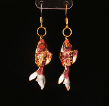 Yellow Gold Tone Blue Brown Cloisonne Enamel Koi Fish Dangle Earrings