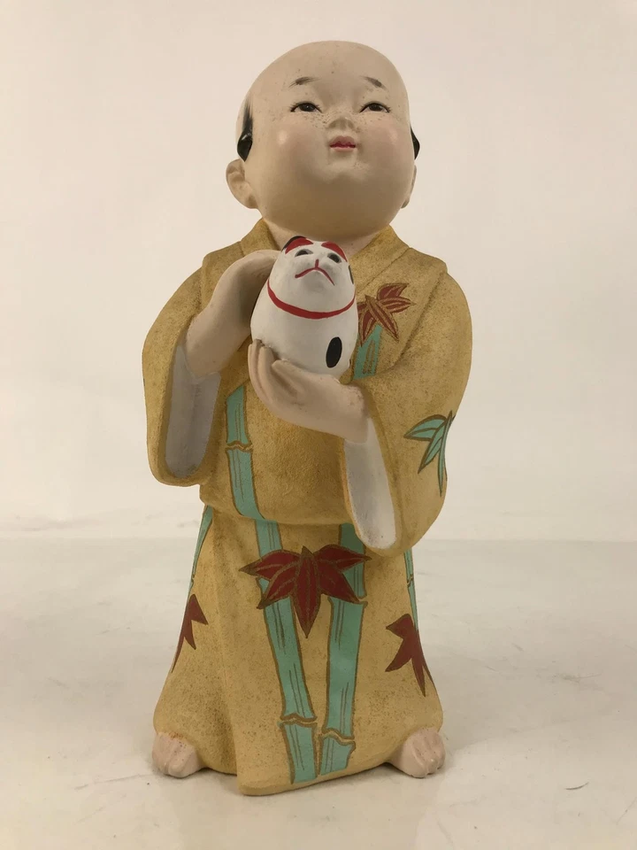 Japanese Man Petting Dog Clay Doll Vtg Ningyo Figurine Kimono Yellow ST43 - Image 2 of 4