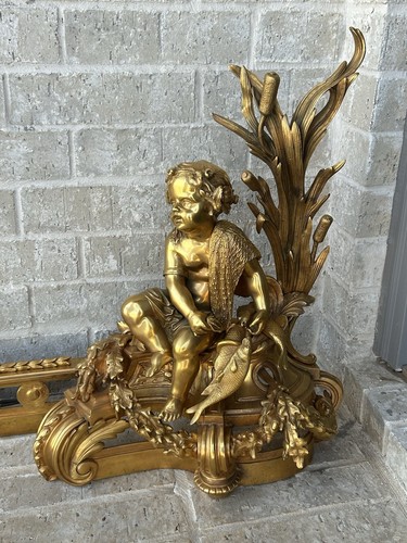 Pair Of Napoleon III Ormolu Bronze Chenets Andirons Fireplace Surround Putti