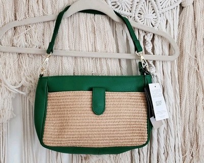 NWT STELLA BIANCA Made In Italy Raffia With Green Leather Trim