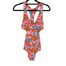 Tori Praver One Piece Swimsuit Womens Medium Cut Out Racerback Pink Floral Print