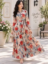 Women's Floral Maxi Dress Long Sleeve Button Front Tie Waist A-Line Boho