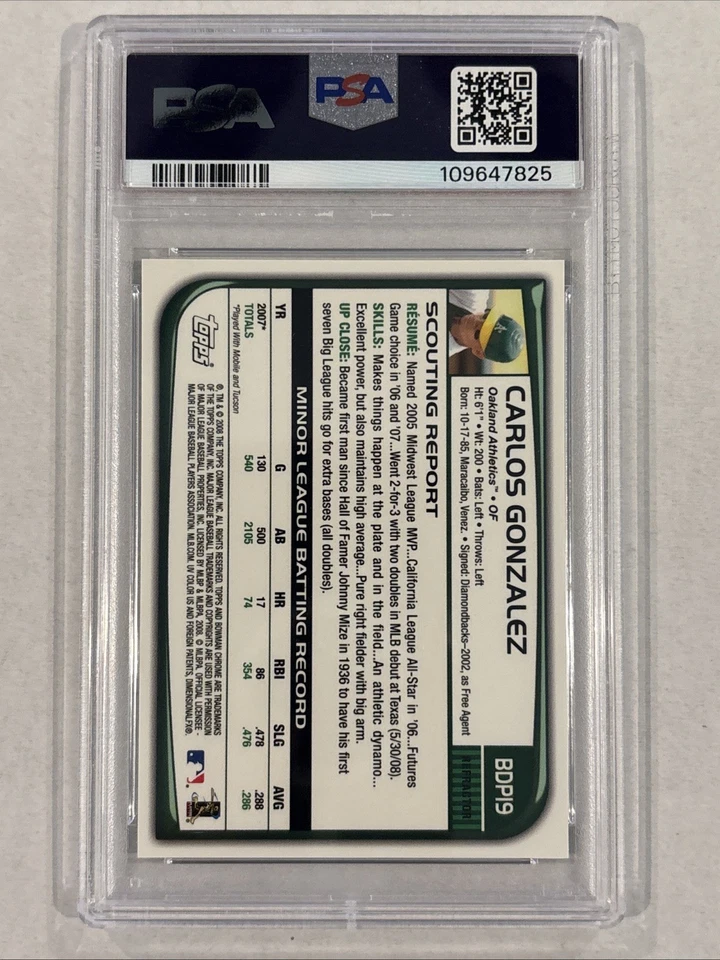Bowman Chrome Carlos González Draft Refractor 2008 PSA 10 Foto 2 de 2