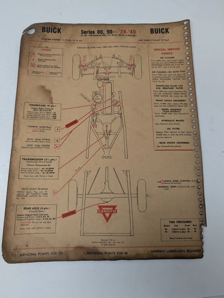 '39-40 Buick Series 40, 60 y '39-'40 Buick Series 80, 90 TABLA DE LUBRICANTES DE SERVICIO Foto 2 de 2