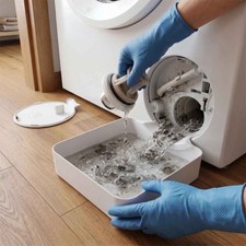 Wasserfang-Auffangschale und Filter-Ablauftrichter f&uuml;r Waschmaschinen-Reinigung