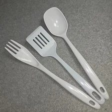 Melamine Ware Kitchen Serving Utensils White Spatula Spoon Fork MCM Set Of 3