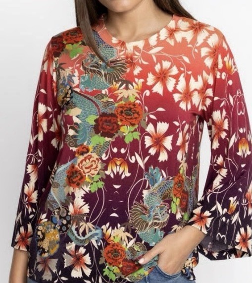 Johnny Was Adalena Kimono Bell Sleeve Tee Flower Dragon Women’s XL