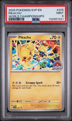 2025 POKEMON SVP EN-SV BLACK STAR PROMO WORLD CHAMPIONSHIPS #225 PIKACHU PSA 9