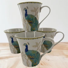 222 Fifth Peacock Mug Garden Fine Porcelain Cup Floral Design Teal Gold Set Of 4