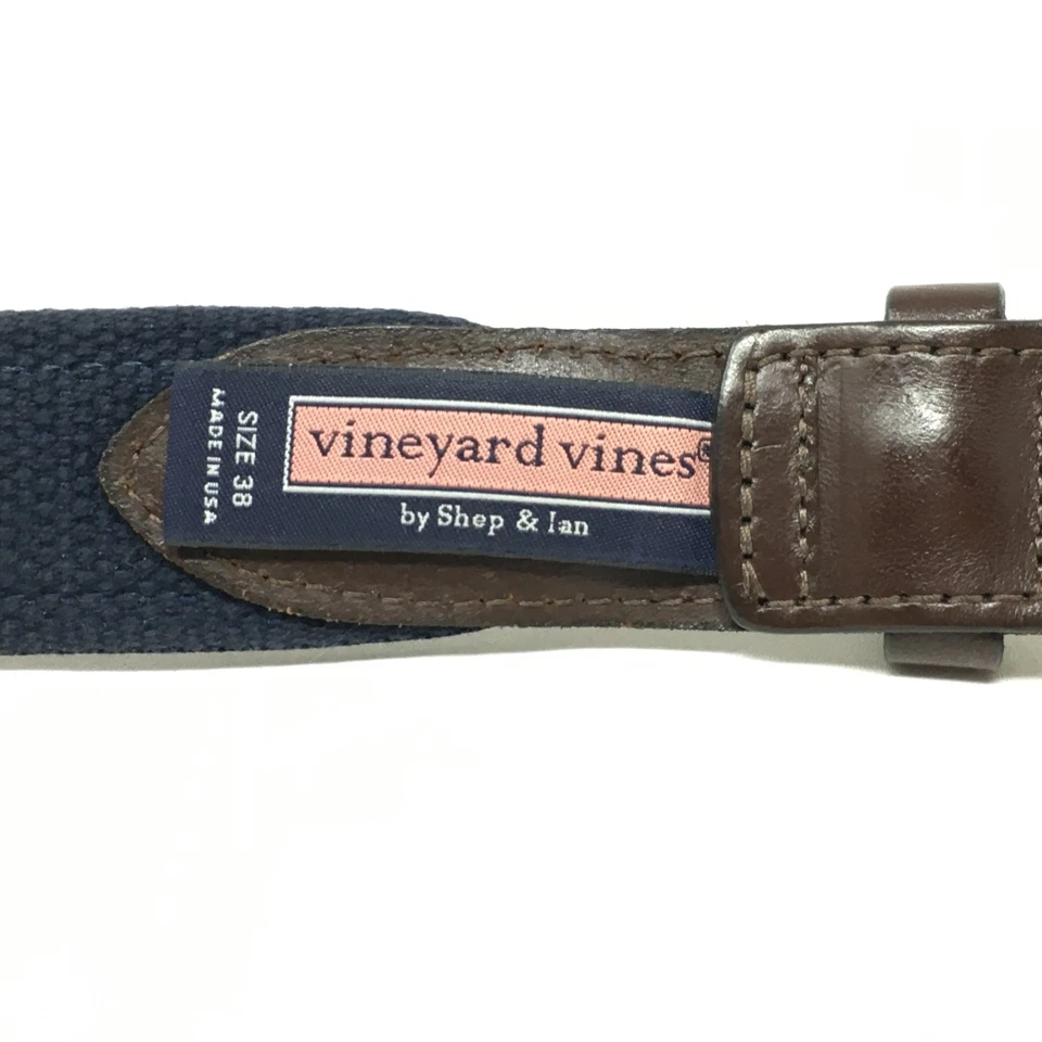 Cinturón de golf Vineyard Vines para hombre talla 38 azul tema de golf cuero marrón hebilla de latón Foto 4 de 4