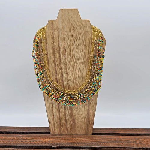 Layered Yellow, Gold & Multi-Color Sead Bead Statement Necklace, 18", Adjustable - Picture 3 of 9