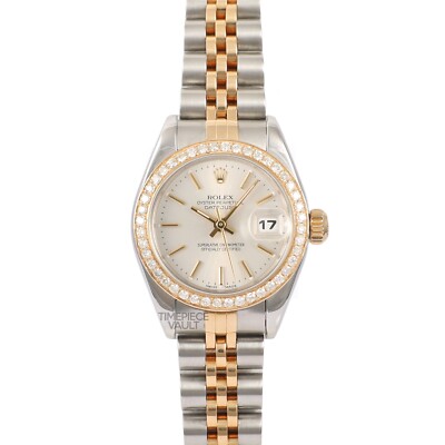 ROLEX LADY DATEJUST 79173 GOLD & STEEL 26MM SILVER STICK DIAL DIAMOND BEZEL-B&P