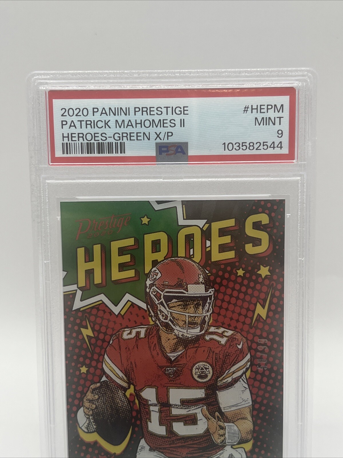 2020 Panini Prestige HEROES Green Insert PATRICK MAHOMES PSA 9 MINT #HEPM 58/99 view 7