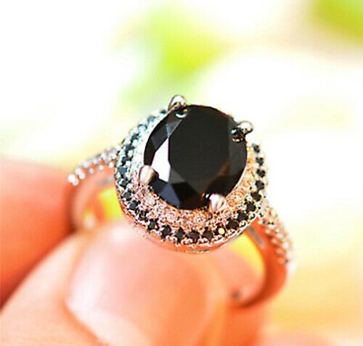 2Ct Oval Cut Simulated Black & W Diamond Halo Wedding Ring 14K White Gold Finish