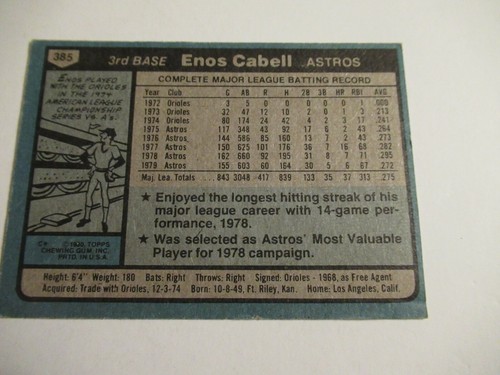 Tarjeta de béisbol Enos Cabell, 1980 Topps, Astros de Houston, #385 - Imagen 2 de 2