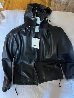 Sandro Lamb skin Leather Hooded Jacket 