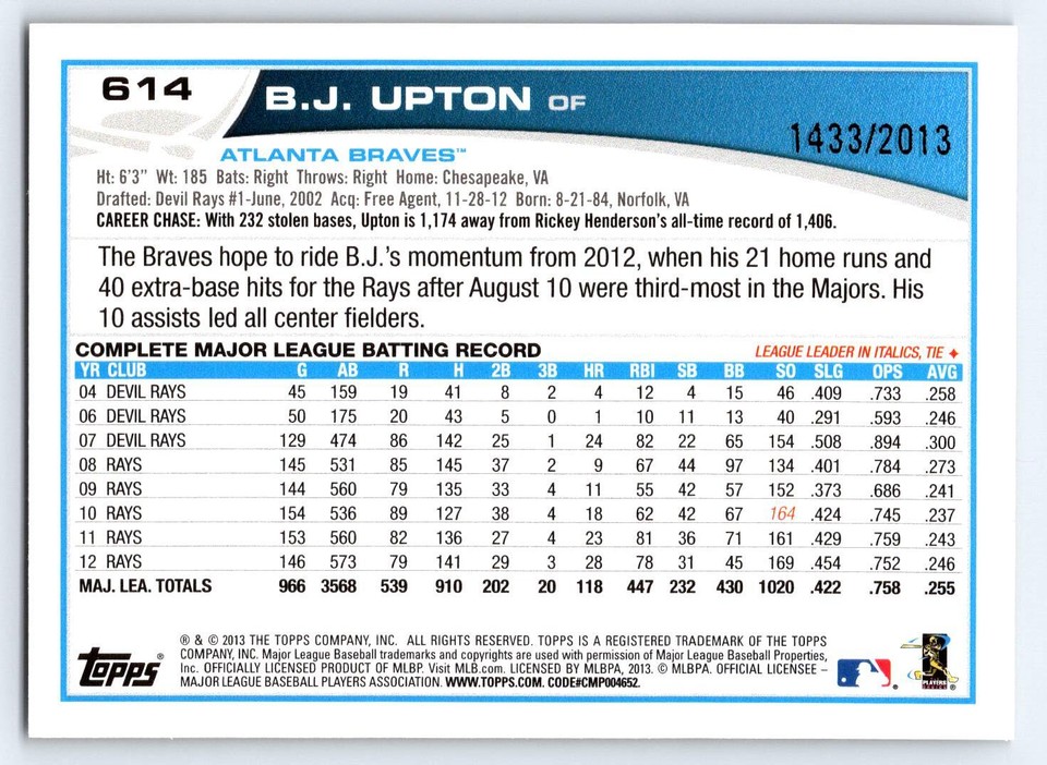 2013 Topps #614 B.J. Upton Atlanta Braves Gold SN BASEBALL Card | eBay