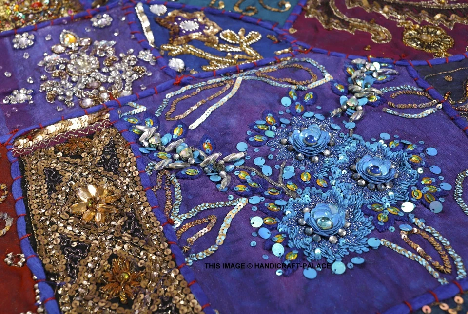 40*40" TAPEÇARIA DE PAREDE AZUL ARTESANAL CONTAS DE SARI LANTEJOULAS DECORAÇÃO VINTAGE - Imagem 3 de 3