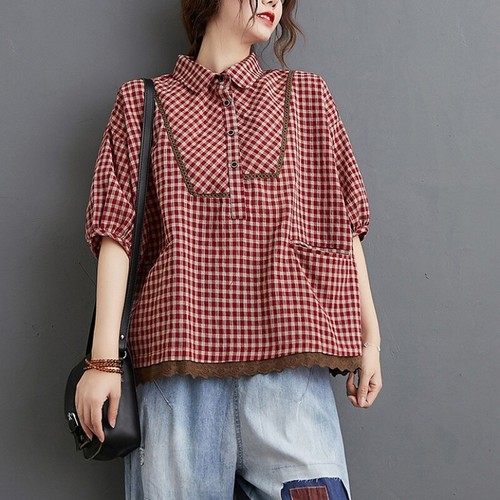 Mujeres Camiseta a Cuadros Lino Blusa Encaje Borde Asimetría Botones Suelta - Imagen 4 de 13