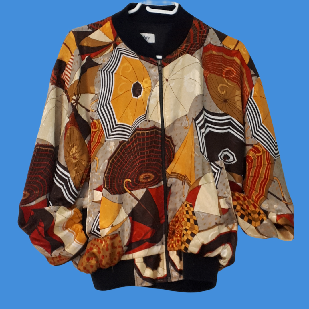 Vintage Mighty Bomber Jacket Women’s Size L-XL Umbrella Print Polyester with Pockets