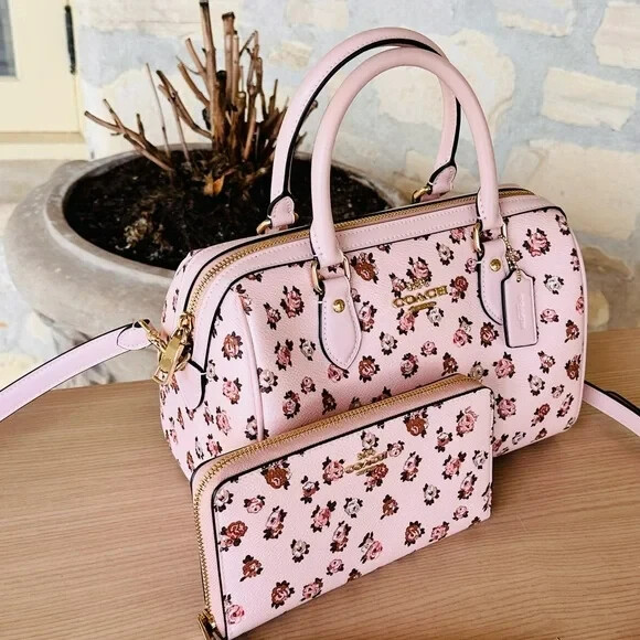 COACH Rowan Satchel rose print Bag + Long Zip Around Wallet Blush
