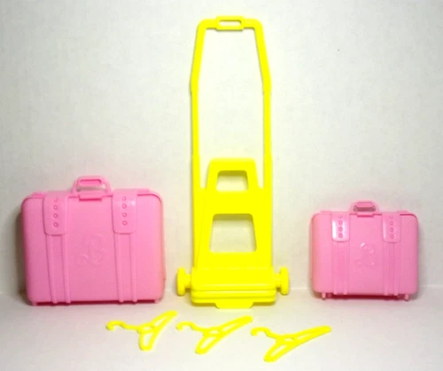 Barbie Luggage Set 2 pc Luggage 3 Hangers Rolling Cart 1989 Mattel Used Vintage