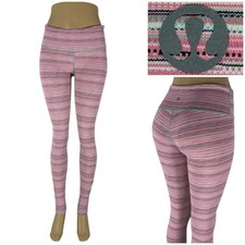 Lululemon Womens 8 Leggings Wunder Under Cyber Stripe Flash Pink Gym Yoga EUC