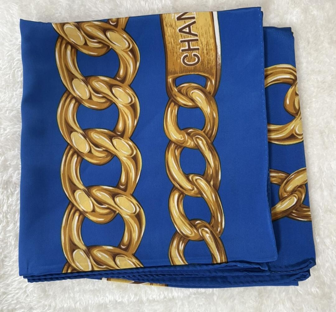 CHANEL COCO Mark Chain pattern Blue Scarf about 33.46 x 33.46