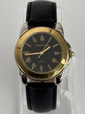Halston 36mm Silver/Gold Tone Quartz Watch w/BLack Leather Band & New Battery