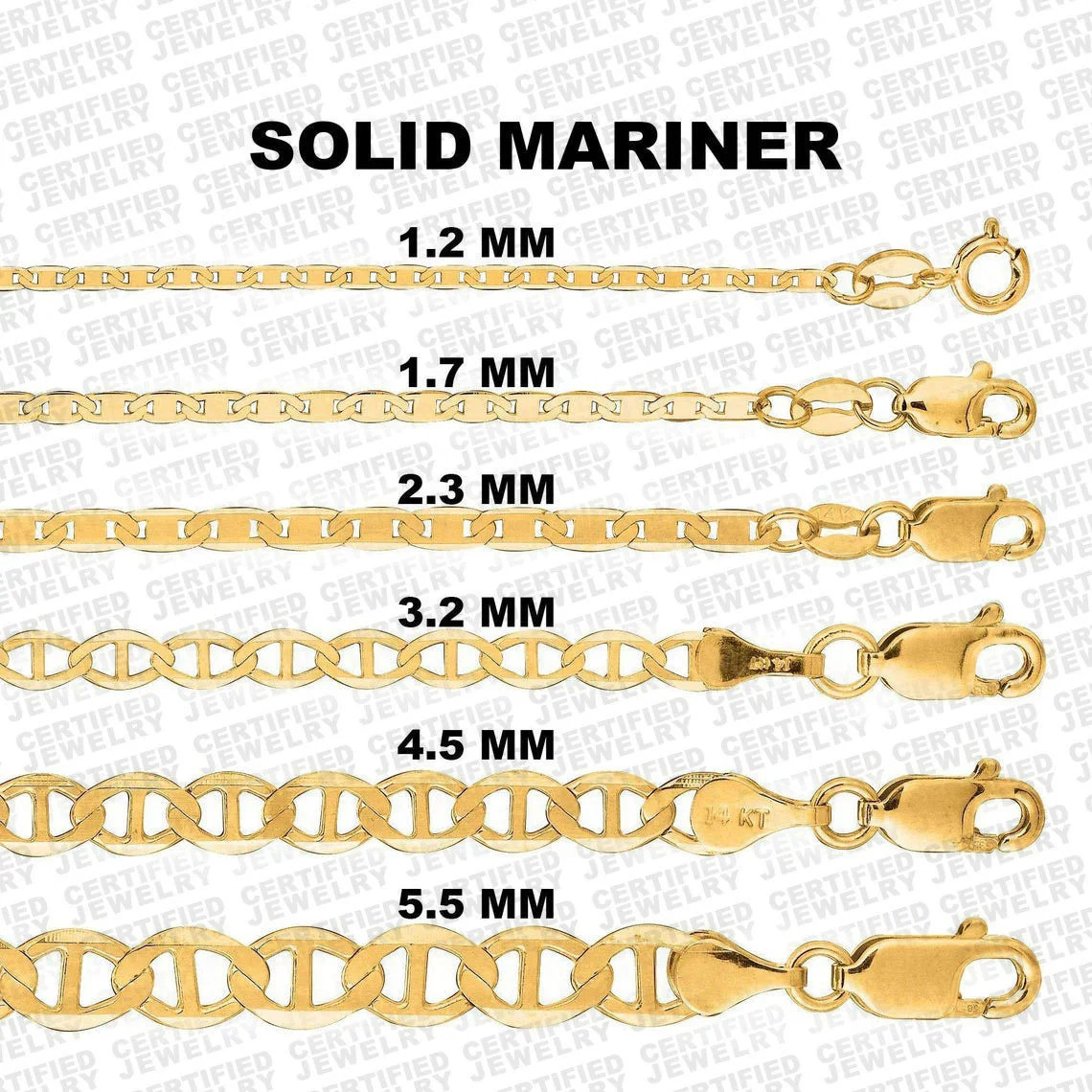 10K Solid Yellow Gold Mariner Chain Necklace 1.2MM-5.5MM Lobster Clasp