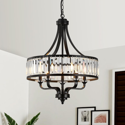 Elegant Black Crystal Chandelier, 5-Light Adjustable Pendant for Dining & Kitche