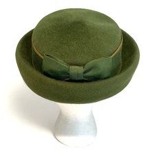 VTG Henry Pollak Wool Felt Pillbox Hat Olive Green Gross Grain Ribbon Union Made