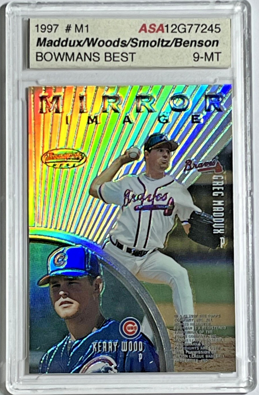 1997 BOWMAN'S BEST MIRROR IMAGE REFRACTOR MADDUX/WOOD/SMOLTZ #MI3 ASA 9 MINT