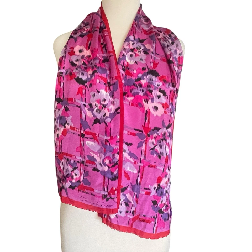 Vtg Oscar De La Renta Silk Watercolor Floral Rectangular Wrap Scarf 10” X 50” - Image 2 of 4