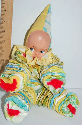 Vintage Handmade YoYo Doll Clown Pixie Jester Handpainted Face Yellow Green Flop