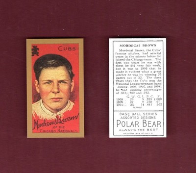 1911 Gold Border: MORDECAI '3-FINGER' BROWN, Chicago Cubs & HOF | T205 REPRINT