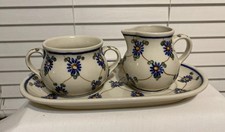 Polish Pottery Cream & Sugar Set w/Tray Hand Made Blue Floral Motif