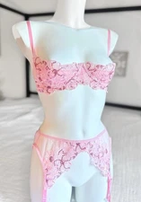 Vintage Shirley Of Hollywood Size 38 O/S Pink Sequin Peekaboo Bra Garter Set 