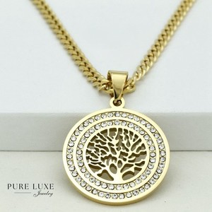 Authentic Men's 24" Tree of Life CZ Pendant,Cuban Chain Gold plated.Box