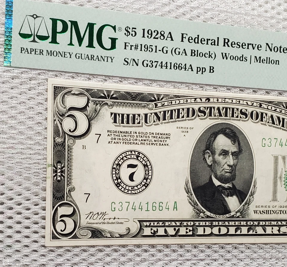 1928 A $5 Federal Reserve Note Numerical Green Seal Chicago PMG Choice UNC 64 - Image 3 of 4